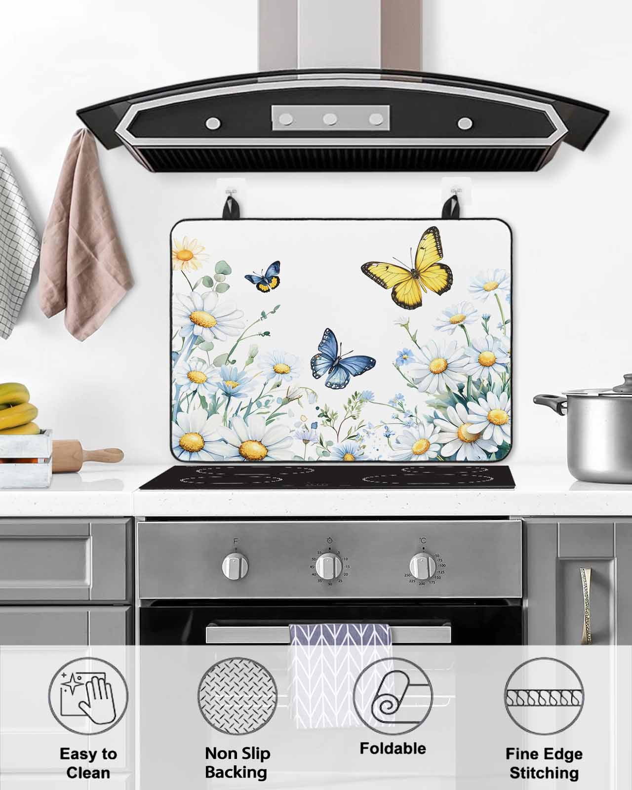 nqOlkjepod Large Induction Cooktop Protector Mat 36"x21", Butterfly Spring Floral Stove Top Covers for Electric Stove, Daisy Flowers Botanical Country Stove Burner Cover Mats, Glass Top Stove Cover