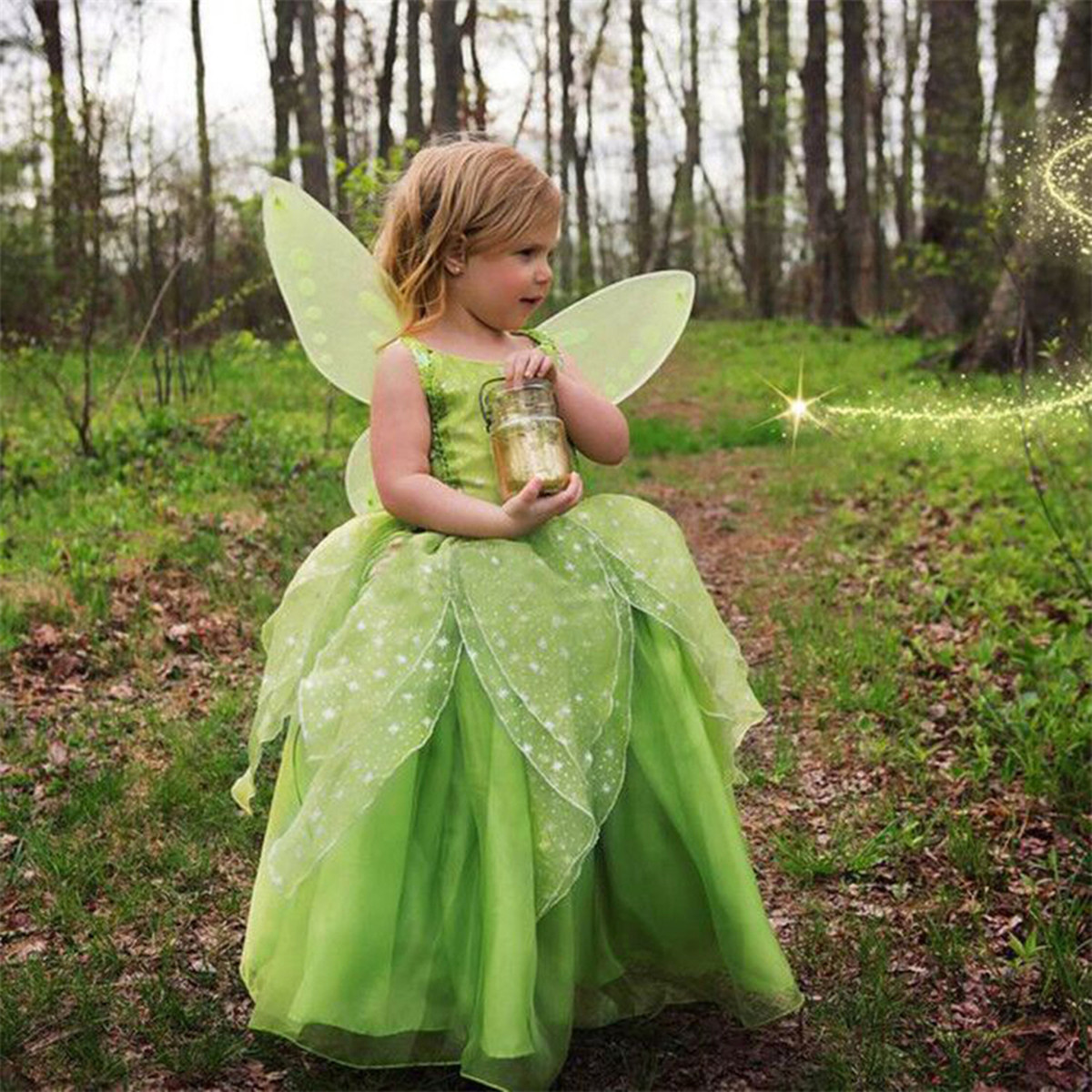green dress tinkerbell Infant baby Girl Fairy Princess with Bow Headband To finish there is a green headband Hot Sale Kids Tinkerbell Costumes