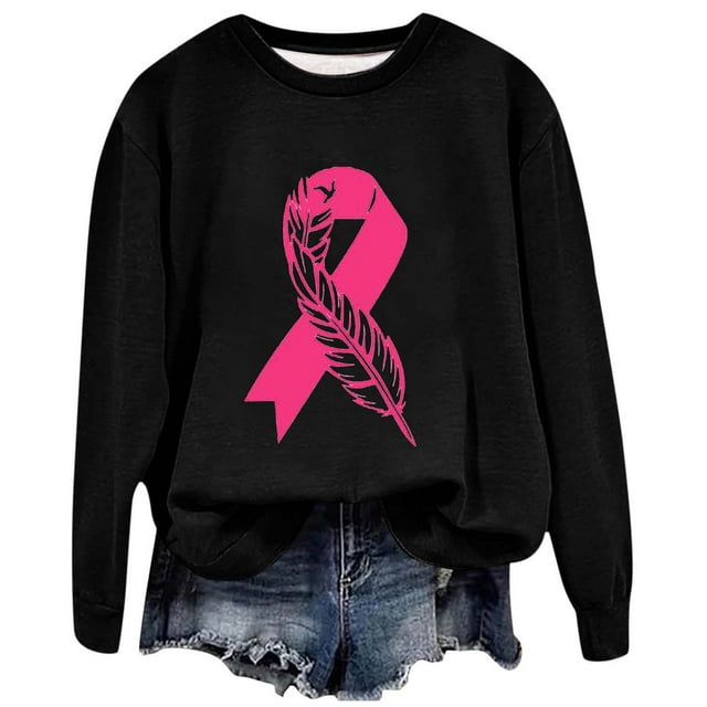 TINZ 2024 Fashion Ladies Casual Cancer Day Ribbon Feather Print Round Neck Long Sleeve Hoodless Sweatshirt Raglan Sleeve Top Casual Sweatsuits Women Set Light Sweatshirt Colla Pullover Women