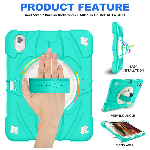 ELEHOLD Case for Apple iPad Air 11 (2024), Heavy Duty Shockproof Case with Pencil Holder/Stand/Hand Strap/Shoulder Belt, Rugged Protective Cover for Boys Girls,Mint