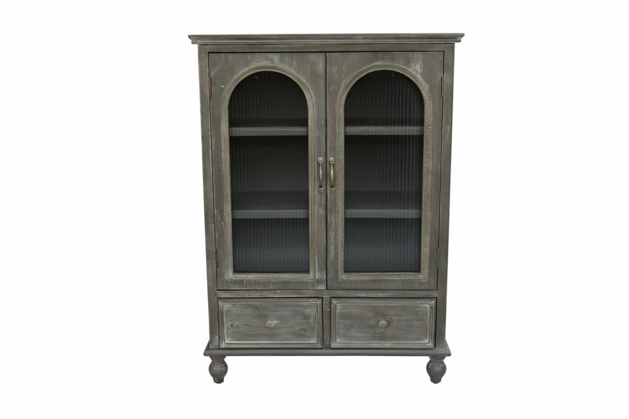 Farmhouse Storage Cabinet, Rustic Kitchen Pantry Cabinet with 2 Glass Doors, 2 Drawers, Adjustable Shelves, Freestanding Buffet Cupboard, Vintage Hutch Cabinet, Distressed Grey