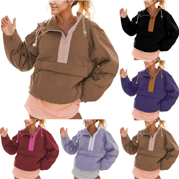 Olyvenn Womens Crew Neck Pullover Puffer Long Sleeve Loose Jacket Half Zip Hooded Coat with Drawstring Lightweight Jackets Dark Blue XL