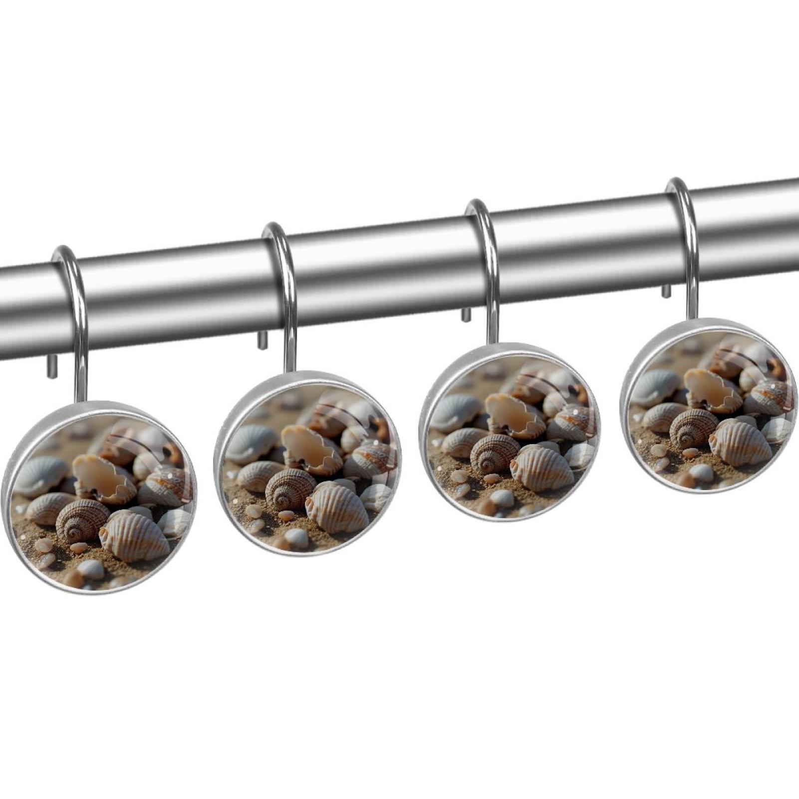Shells on Beach Sand Shower Curtain Hooks Round Crystal Glass, Set of 12 Shower Curtain Rings - Shower Hooks for Curtain Shower Rings
