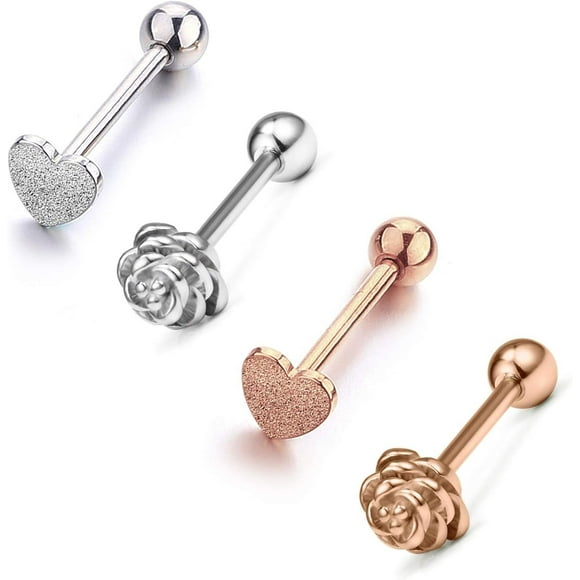 GFDYREE VCMART Anneaux de Langue en Acier Inoxydable 14G Barres Forme de Cœur Forme de Rose Bijou de Perçage de Langue Longueur 16mm