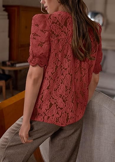 PRETTYGARDEN Womens Summer Lace Tops Short Puff Sleeve Casual Dressy Blouses Eyelet Crew Neck Buttom Down Shirts