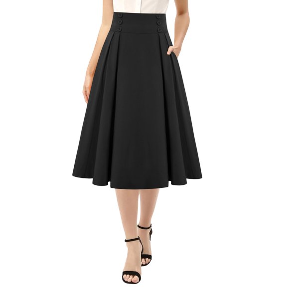 Elowen Fashionable Skirts for Women Pleated Button Solid Casual Summer Swing Skirt Black L