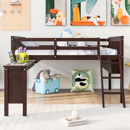 Hombay Child Kids Full Size Loft Bed with Desk Storage Cabinet Ladder, Wood Slats Bed Frame No Box Spring Needed