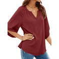 thumbnail image 3 of UVN Womens Summer Blouses Bohemian 3/4 Bell Sleeve Shirts for Women V Neck Flowy Casual Pleated Tops, 3 of 8