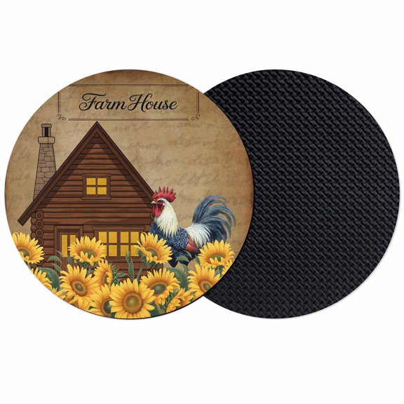 Sunflowers Roosters Coasters Set of 2, Absorbent Coasters for Drinks, Vintage Farmhouse Farm Countryside Coaster for Desk Coffee Table Protection, Home Decor House Warming Gifts 4"
