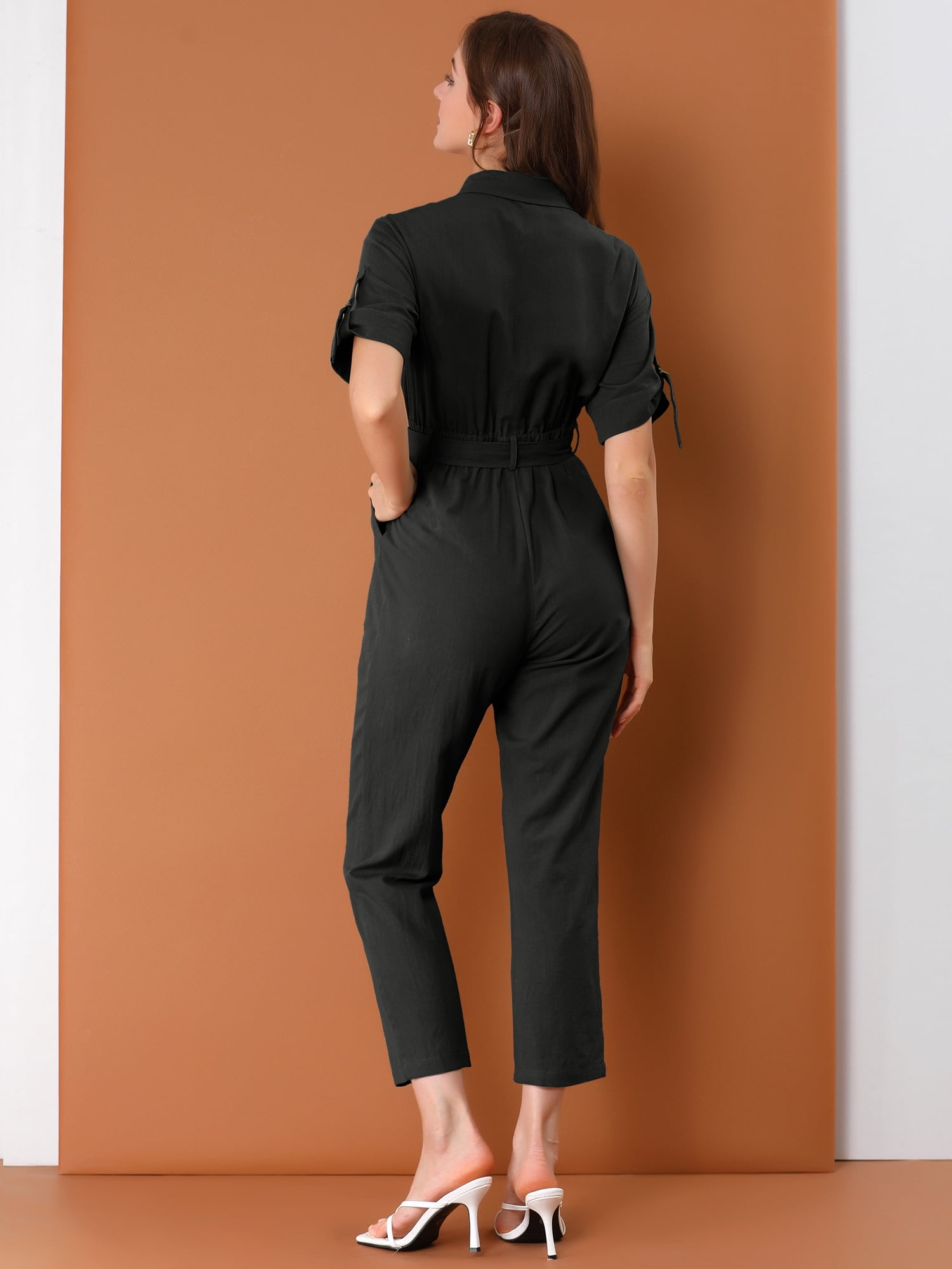 DARING DIVA Women's Button Up Tie Waist Jumpsuit with Pockets XL Black