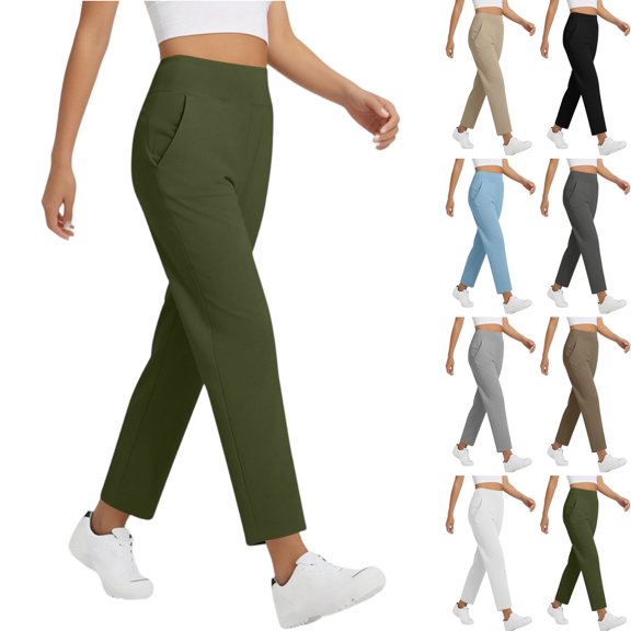 KDDYLITQ Lounge Pants Women High Elastic Waist Ankle Length Stretch Cozy Pants Straight Leg Breathable Lightweight Athletic Trendy Trousers with Pockets Army Green L