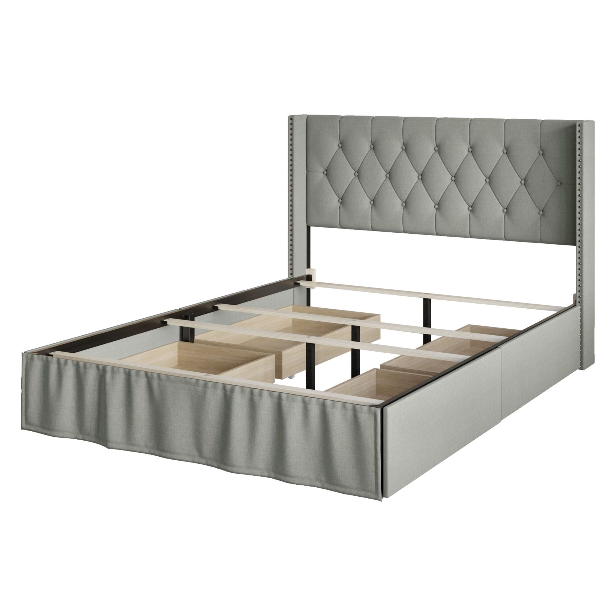 Home Design Andrea Full Upholstered Storage Panel Bed Frame, Button Tufted Linen Wingback Headboard, Gray – Modern Adult Bedroom Furniture