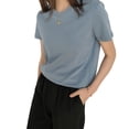 thumbnail image 4 of Camiseta de mujer Verano Cuello redondo Manga corta Color sólido Top casual, Azul, L Speravity AP001478-14B, 4 of 7