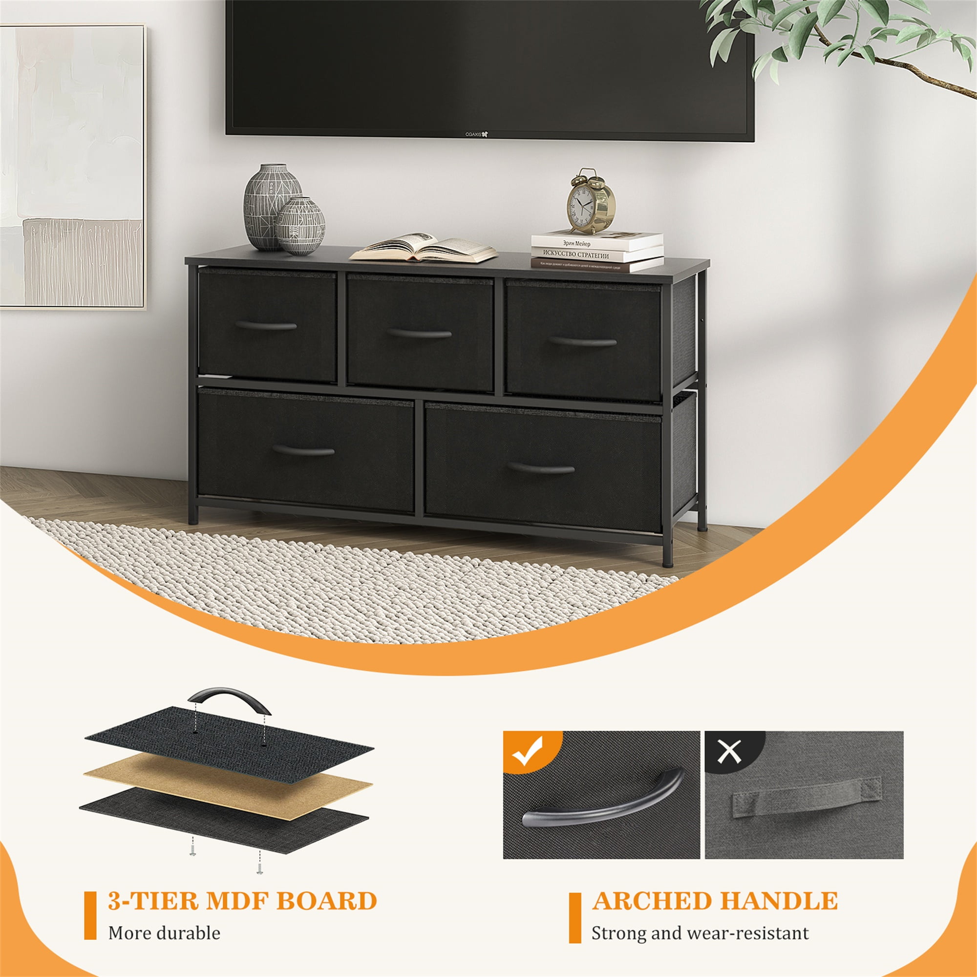 Kepooman Dresser for Bedroom with 5 Drawers, Wide Chest of Drawers, Furniture Storage Tower Unit, Storage Cabinet,Storage Organizer Unit with Fabric Bins for Living Room, Hallway, Black Kepooman Dresser for Bedroom with 5 Drawers, Wide Chest of Drawers, Furniture Storage Tower Unit, Storage Cabinet,Storage Organizer Unit with Fabric Bins for Living Room, Hallway, Black