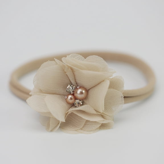 Raindrops 6Pcs Elastic Headband Nylon Chiffon Flower Hair Accessories for Girls Beige and Khaki