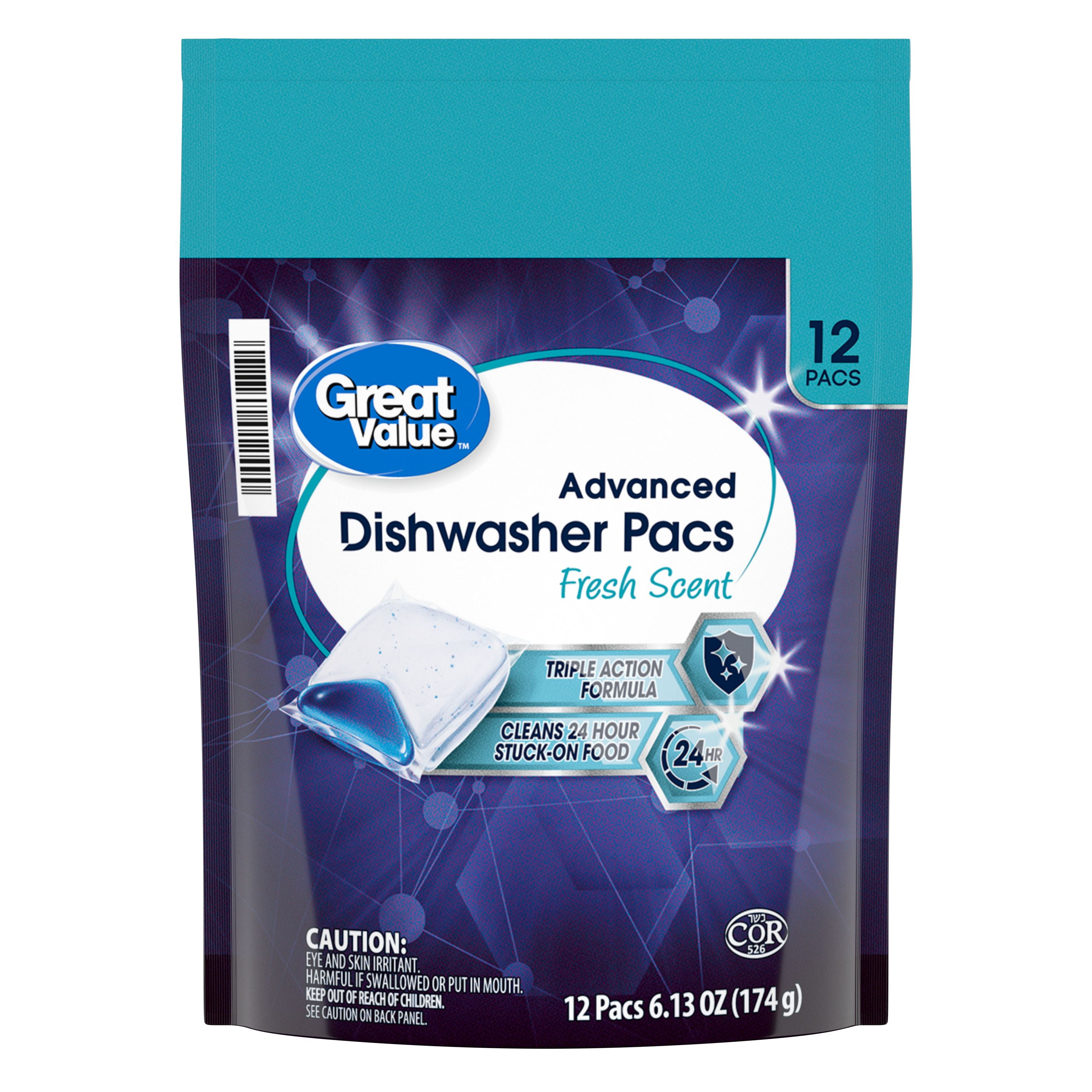 Great Value Advanced Automatic Dishwasher Pacs, Fresh Scent, 12 Count