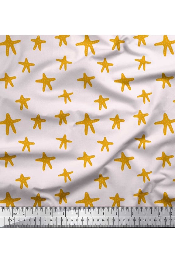Gold Viscose Chiffon Fabric Starfish Ocean Print Fabric by the Yard 42 Inch Wide