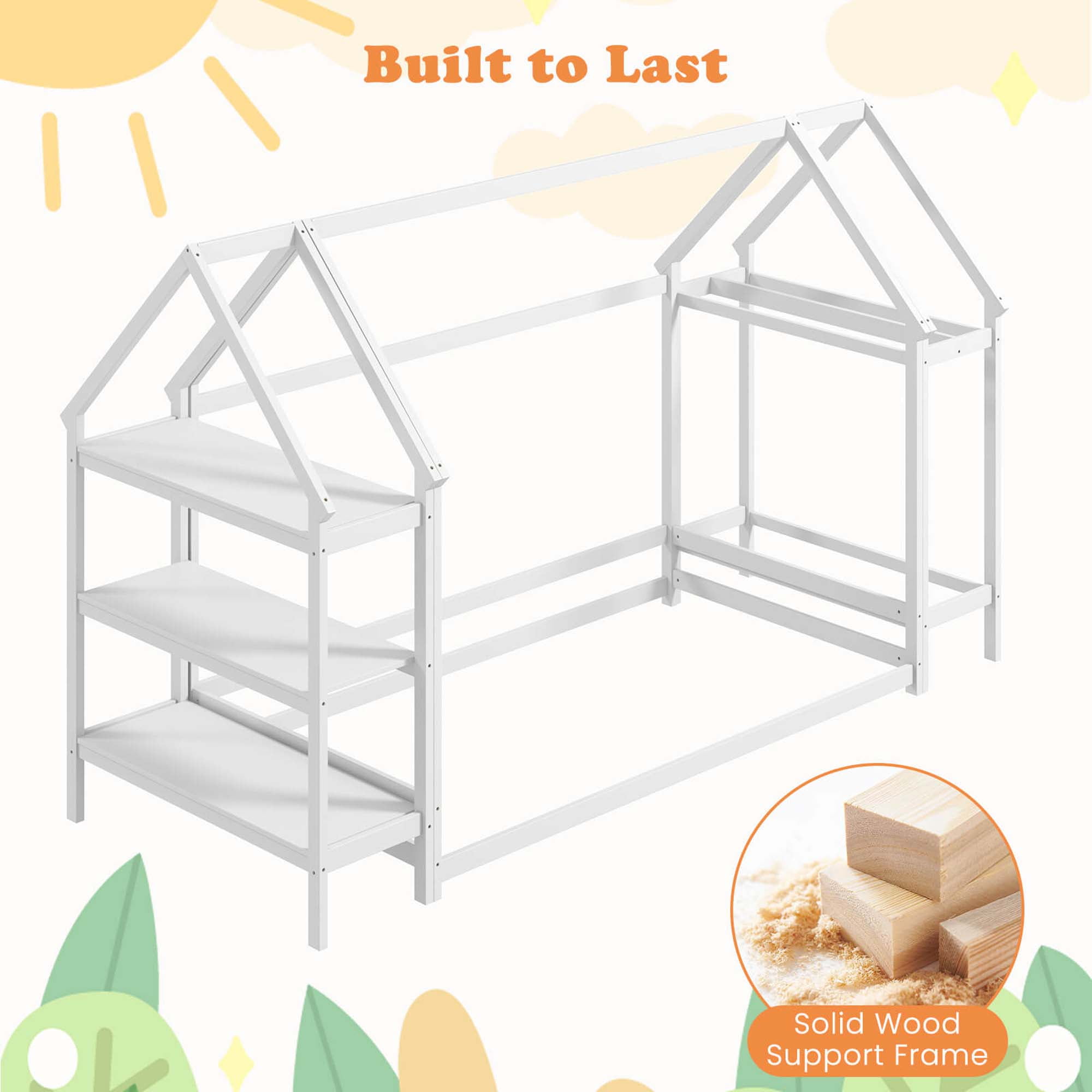Costway Twin Size House Bed Montessori Floor Bed with Detachable Storage Shelves White