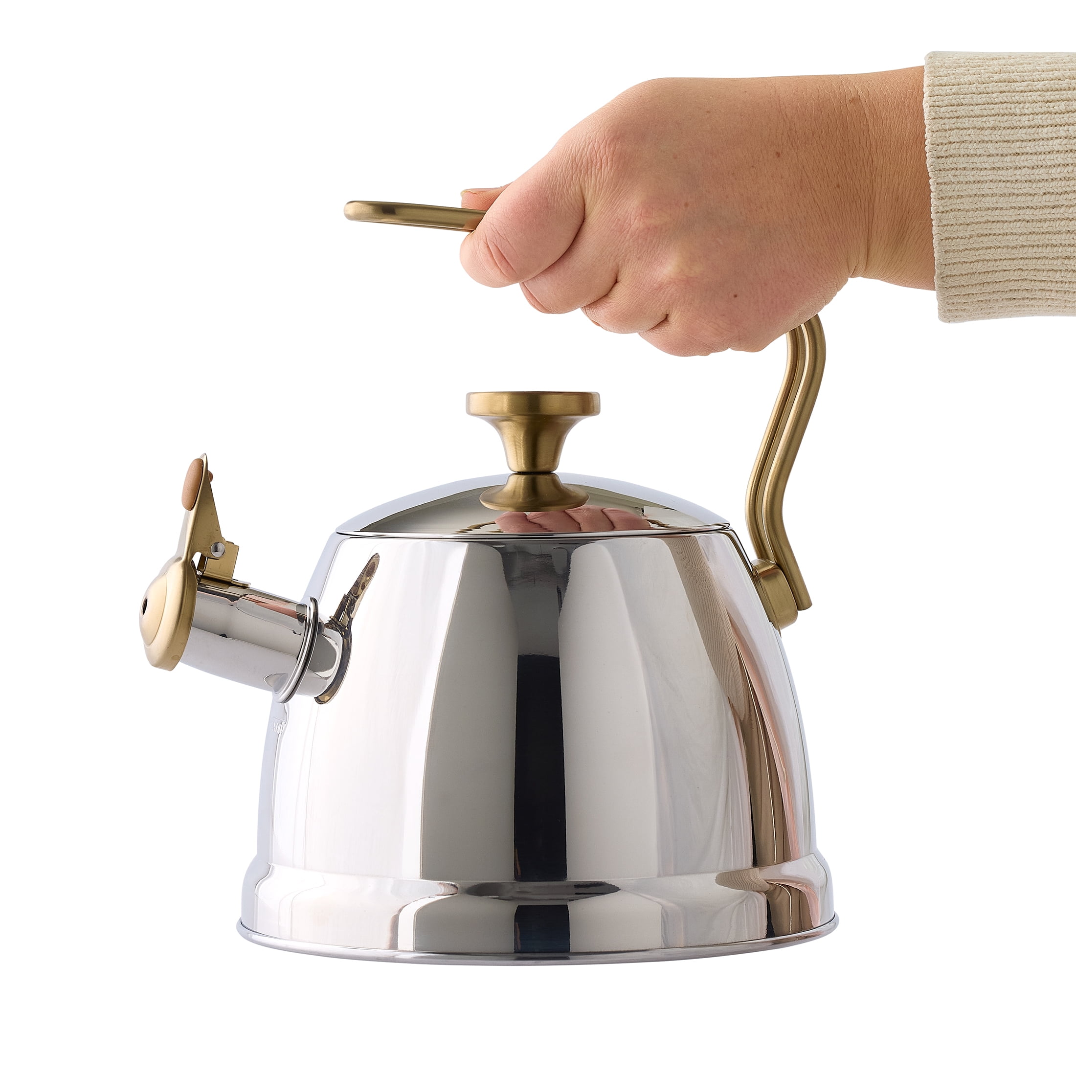Better Homes & Gardens 1.8-Quart Stainless Steel Whistling Tea Kettle, Gold Accents