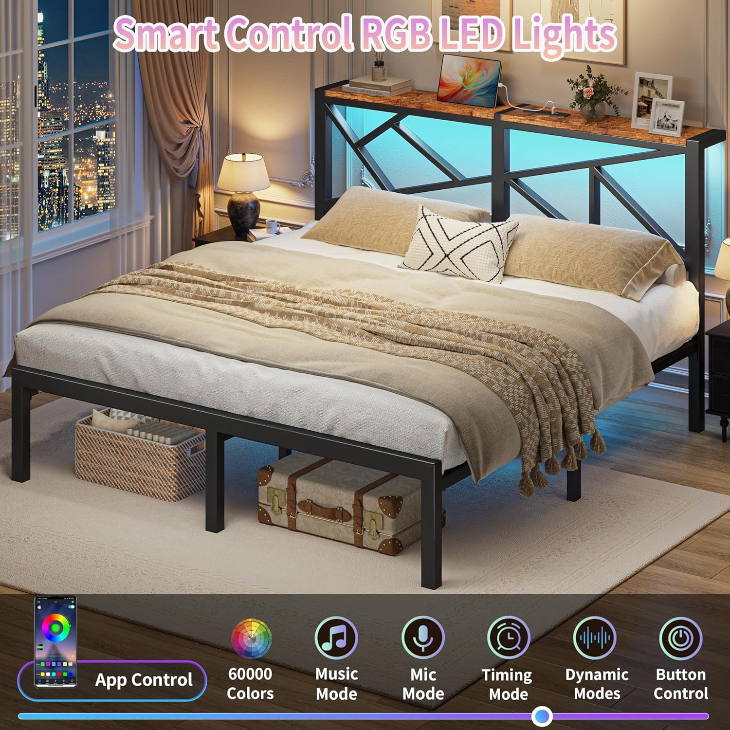 ChicZhiNest King Size Bed Frame with LED Light Storage Headboard, Metal Platform Bed Frame King with 2 USB Ports and Outlets, Noise Free Design, Black