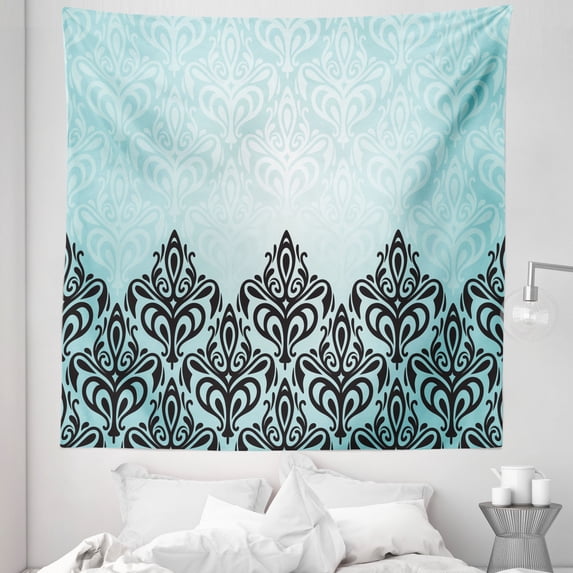 Damask Tapestry, Modern Old Motif Symmetric Lines Royal Color Bold Floral Pattern, Fabric Wall Hanging Decor for Bedroom Living Room Dorm, 5 Sizes, Black Blue, by Ambesonne