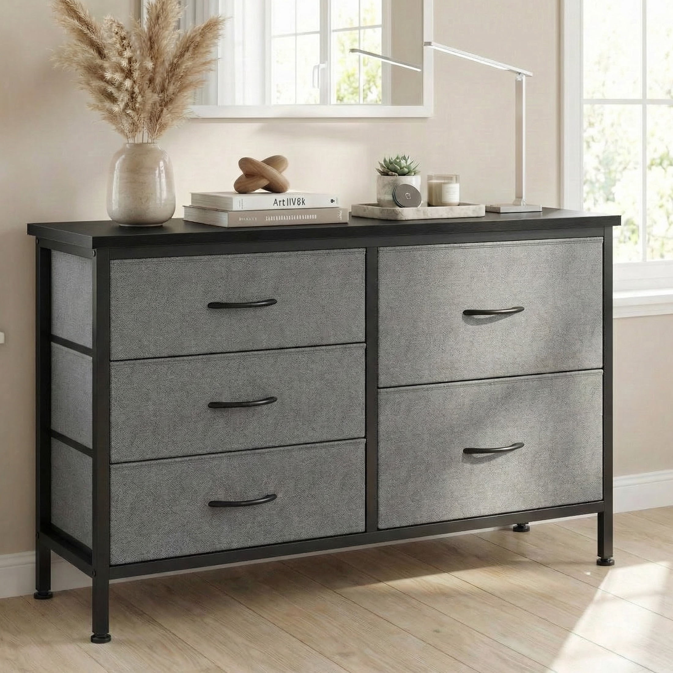 edx 5 Drawer Dresser for Bedroom, 39.4" Fabric Chest of Drawers with Wooden Top Metal Frame, Storage Organizer for Closet, Hallway & Living Room, Gray