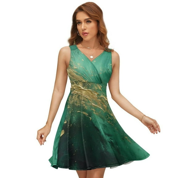 Abstract Emerald Green Gold Art Dress Summer Street Style Dresses Female Sleeveless Printed Sundress