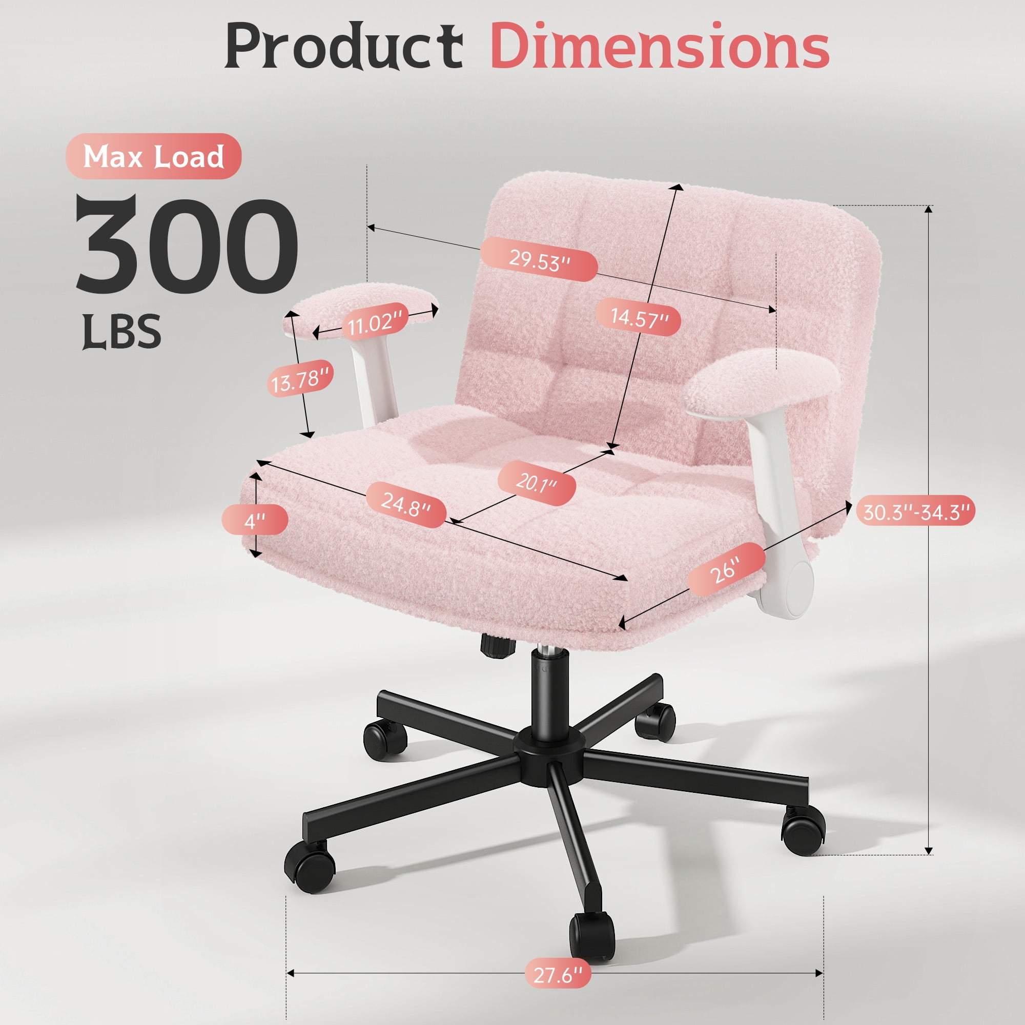 Romorgniz Criss Cross Chair with Flip-up Arms & Wheels Desk Chair with Adjustable Height & Teddy Plush Fabric for Bedroom, Home Office Desk, Vanity, Light Pink