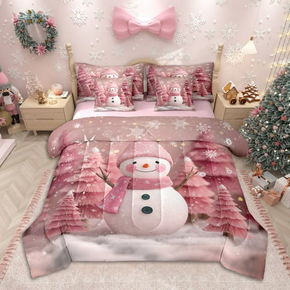 Homewish Girls Kawaii Snowman Twin Bedding Sets 7-Piece, Cute Pink Bedding Comforter Set, Merry Xmas Tree Sheet Sets, Breathable Home Decor