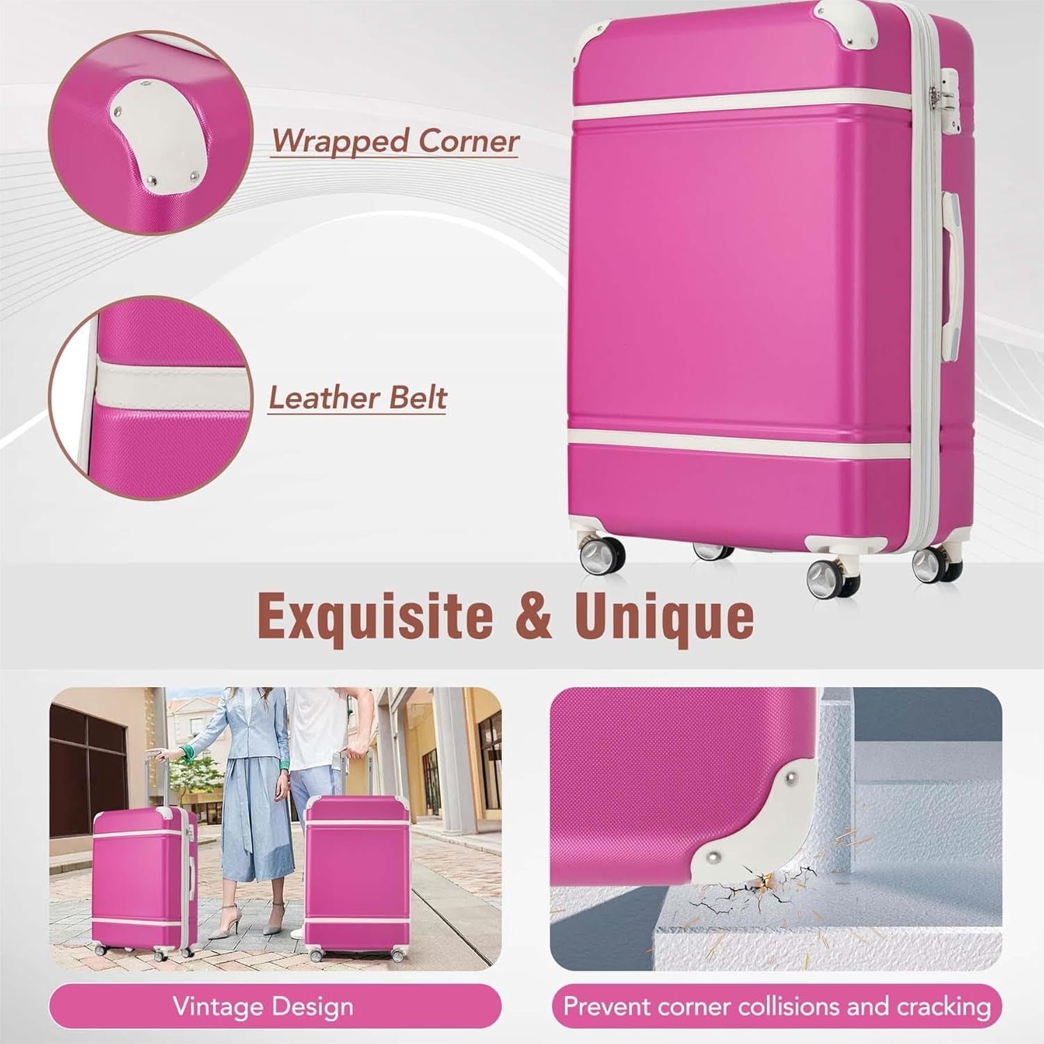 LuxyHoom 4 Piece Hardshell Luggage Sets with TSA Lock, Spinner Suitcase w Cosmetic Case, Lightweight ABS, 360° Wheels, Expandable Travel Business Luggage for Women, Men, Kids12",20",24",28" Pink