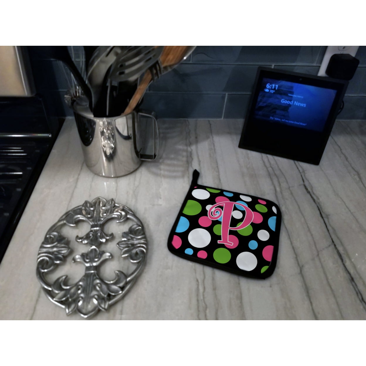 Letter P Initial Monogram - Polkadots and Pink Pair of Pot Holders