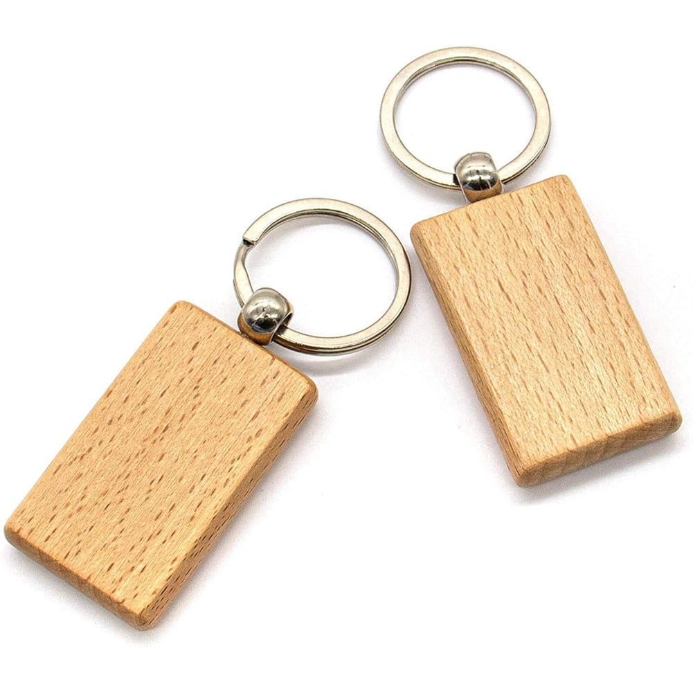 100Pcs DIY Blank Wooden Key Chain Rectangle Heart Round Ellipse Carving Key Ring Wood Key Chain Ring