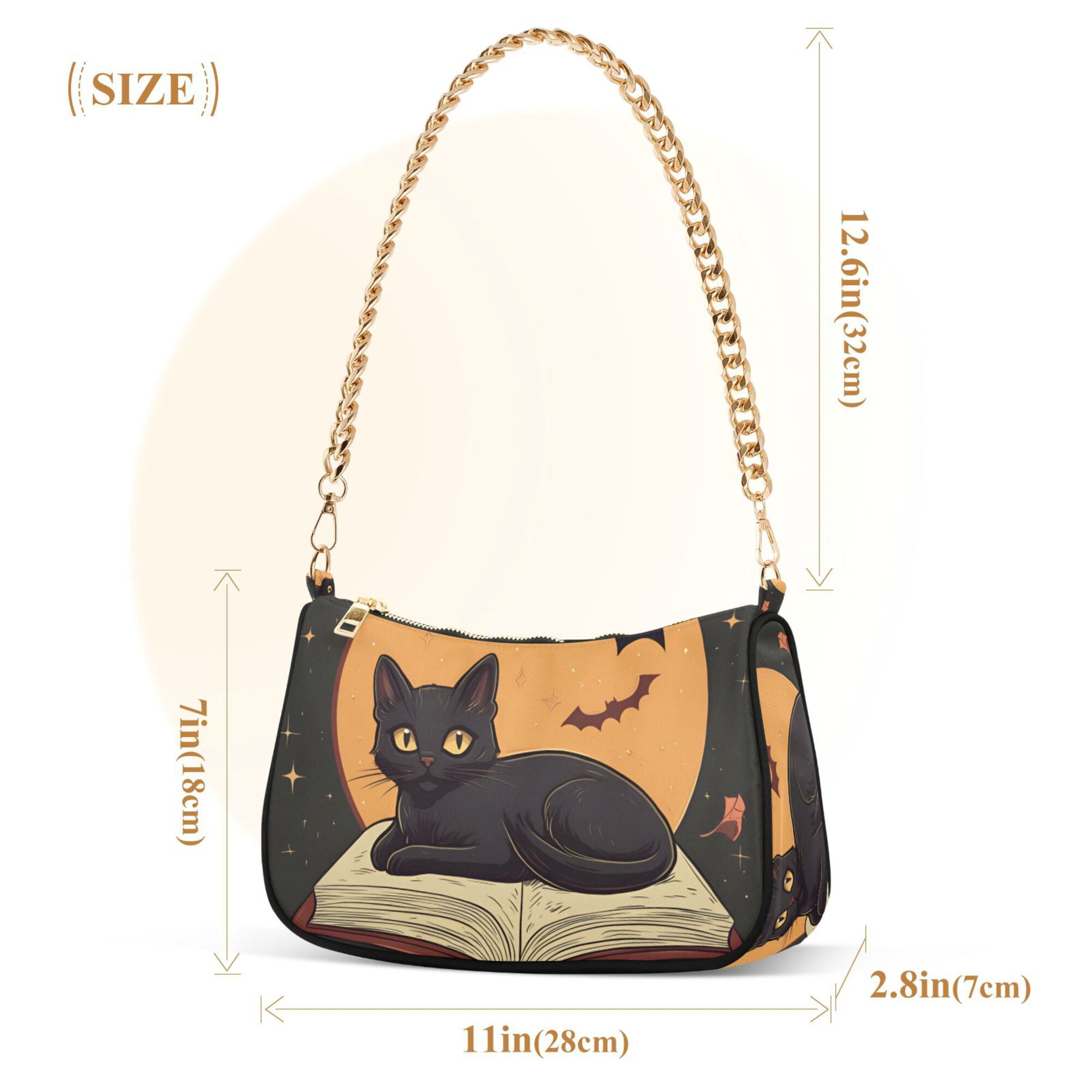 FORMRS Womens Shoulder Bag with Chain Strap Clutch Purse Cute Tote Handbag, Orange Halloween Cat