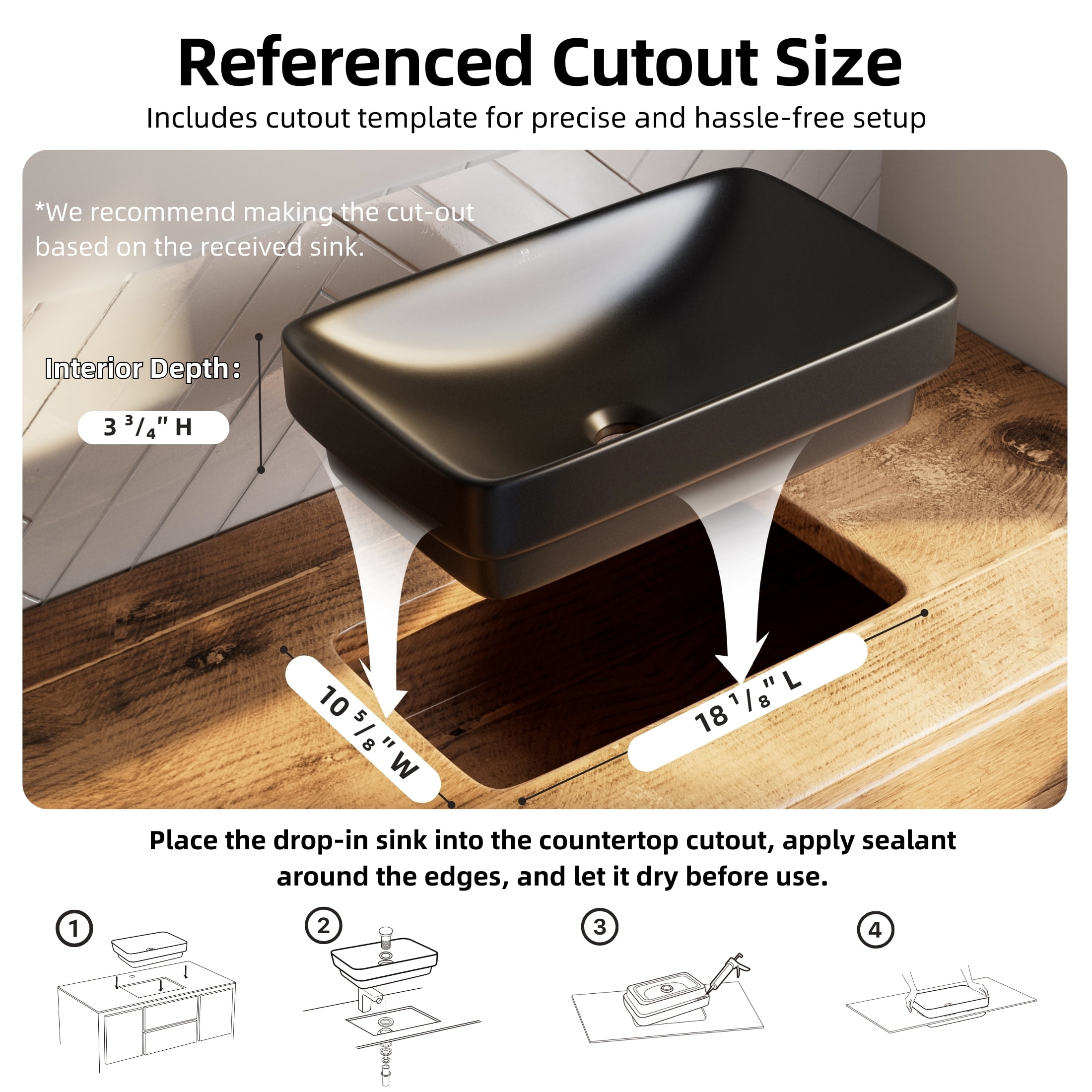 Los Flexi 19 Inch Matte Black Rectangular Drop In Bathroom Sink, Semi-Recessed Ceramic Vessel, Includes Non-Overflow Drain Kit