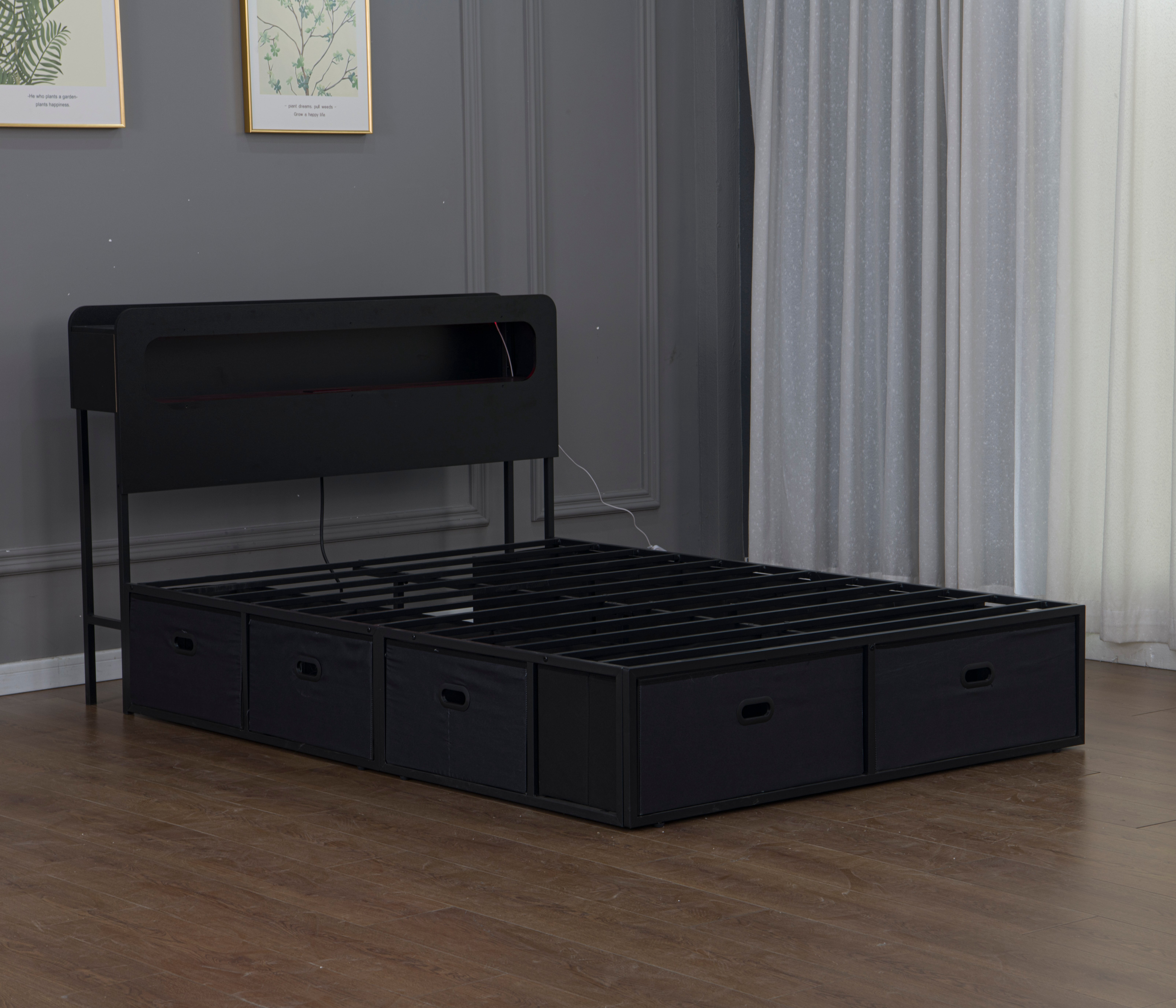 Mintazer Queen Size Bed Frame with LED Headboard, Modern Platform Bed Frame with Charging Station & 8 Fabric Underbed Storage Drawers, Black