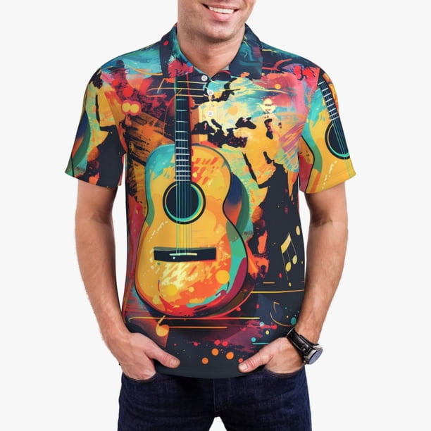 Fotbe World Map Guitar Illustration Camiseta Polo de Golf para Hombre con Estampado – Camisa Deportiva Transpirable con Cuello Abotonado-Large