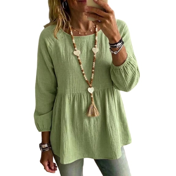 Perfectbot Women's Babydoll Peplum Top Long Sleeve Crew Neck Loose Fit Casual Blouse with Elastic Cuffs