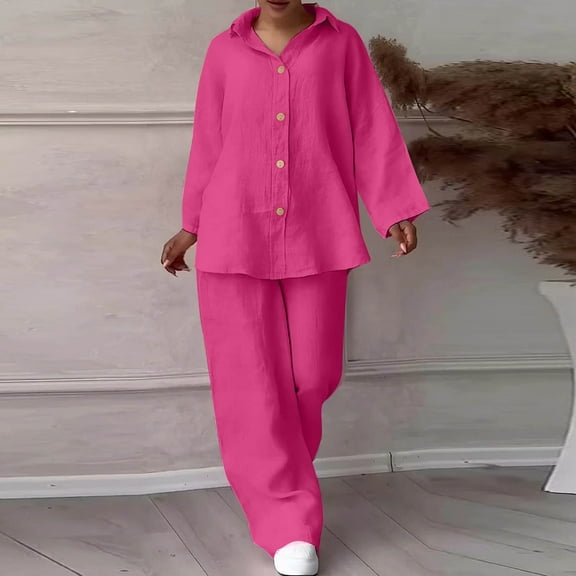 BLTIBY 2 Piece Sets for Women Summer 2025 Long Sleeve Lapel Button Up Shirts Wide Leg Pant Set Plus Size Lightweight Outfits with Pockets Hot Pink XL