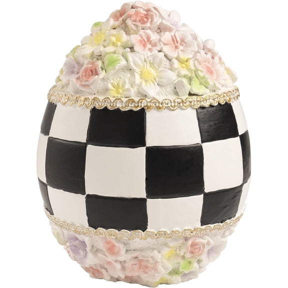 Black and White Checkered Easter Egg Decor, Resin Decorative Egg Flowers Figurine, Spring Indoor Table Centerpiece Mantel Shelf Office Desk Top House Tabletop Home Decorations, Easter Gifts