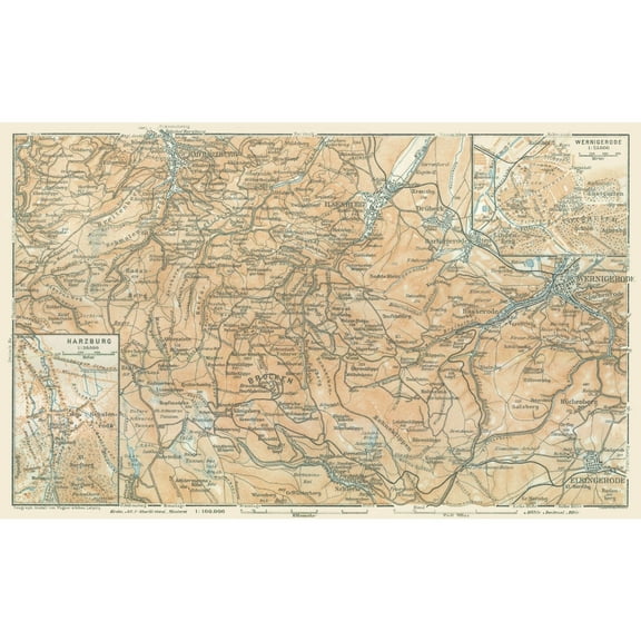 Historic Map - Harzburg Wernigerode Germany - Baedeker 1914 - Vintage Wall Art