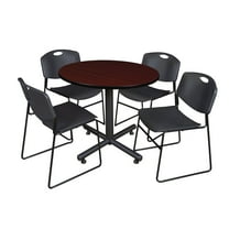 Kobe 42in. Round Breakroom Table- Mahogany & 4 Zeng Stack Chairs- Black