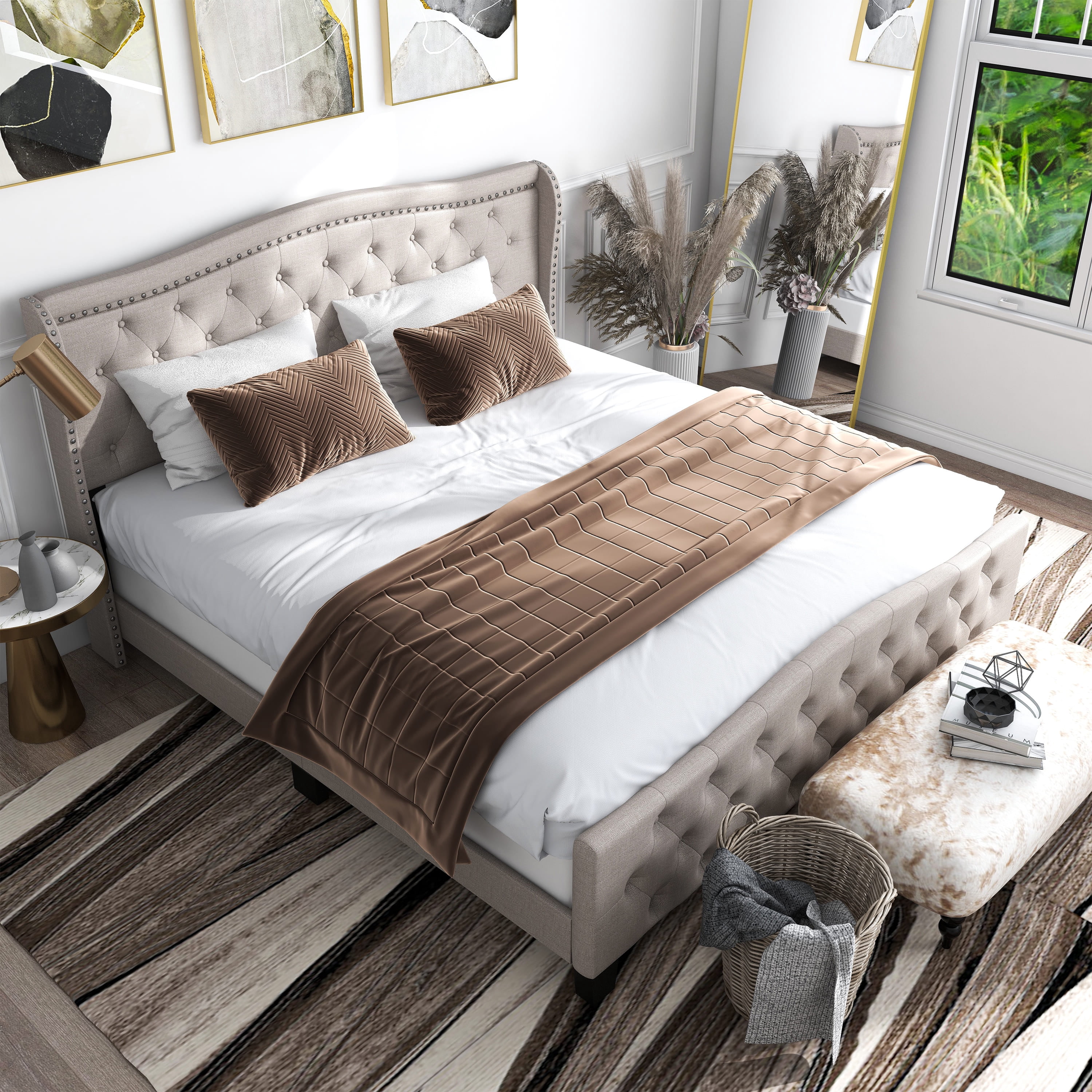 Furniture of America Hillcrest Fabric Tufted Bed, Ivory, Queen