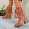 thumbnail image 4 of High Stacked Heel Cowboy Boots for Women Hollow out Buckle Strappy Tassel Mid Calf Western Riding Booties, 4 of 9
