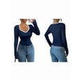 thumbnail image 3 of Women'S Sweetheart Neck Fitted T Shirts Long Bell Sleeve Ribbed Knit Tops Navy Blue L, 3 of 7