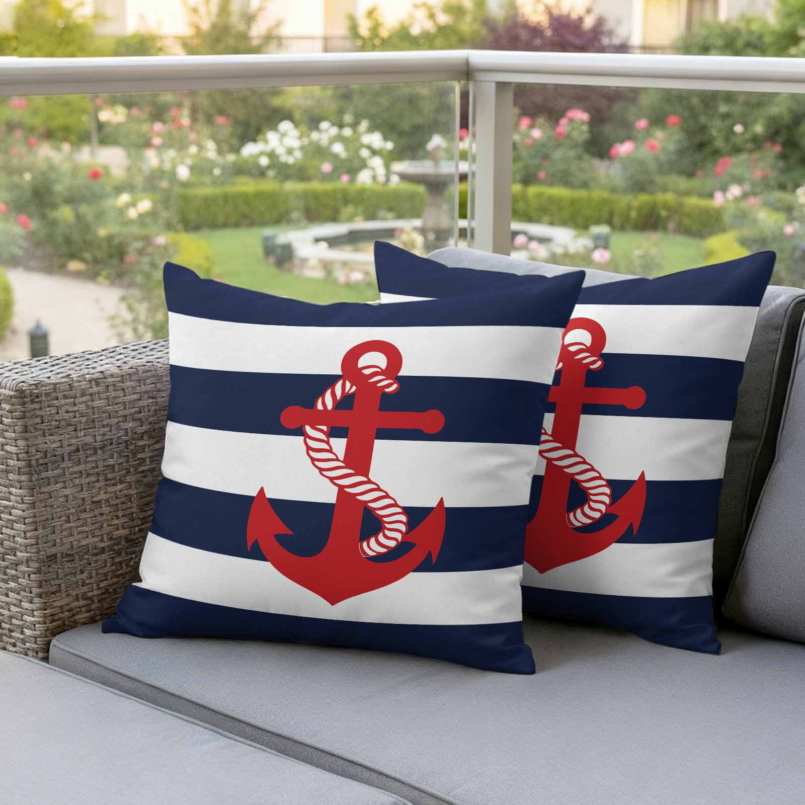 Outdoor Pillow Covers Pack of 2, Nautical Anchor Navy Blue Waterproof Throw Pillowcase Cushion Cases, Summer Ocean Coastal Style Decorative Pillow Cover for Couch Sofa Home Bed Patio
