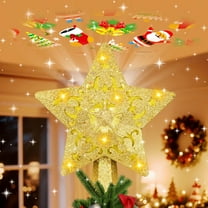 Christmas Star Tree Topper with Built-in Led Projector Lights Hollowed Pentagram Tree Topper, Christmas Decorations Light, Plug in Christmas Tree Ornament for Indoor Office New Year Holiday, Gold