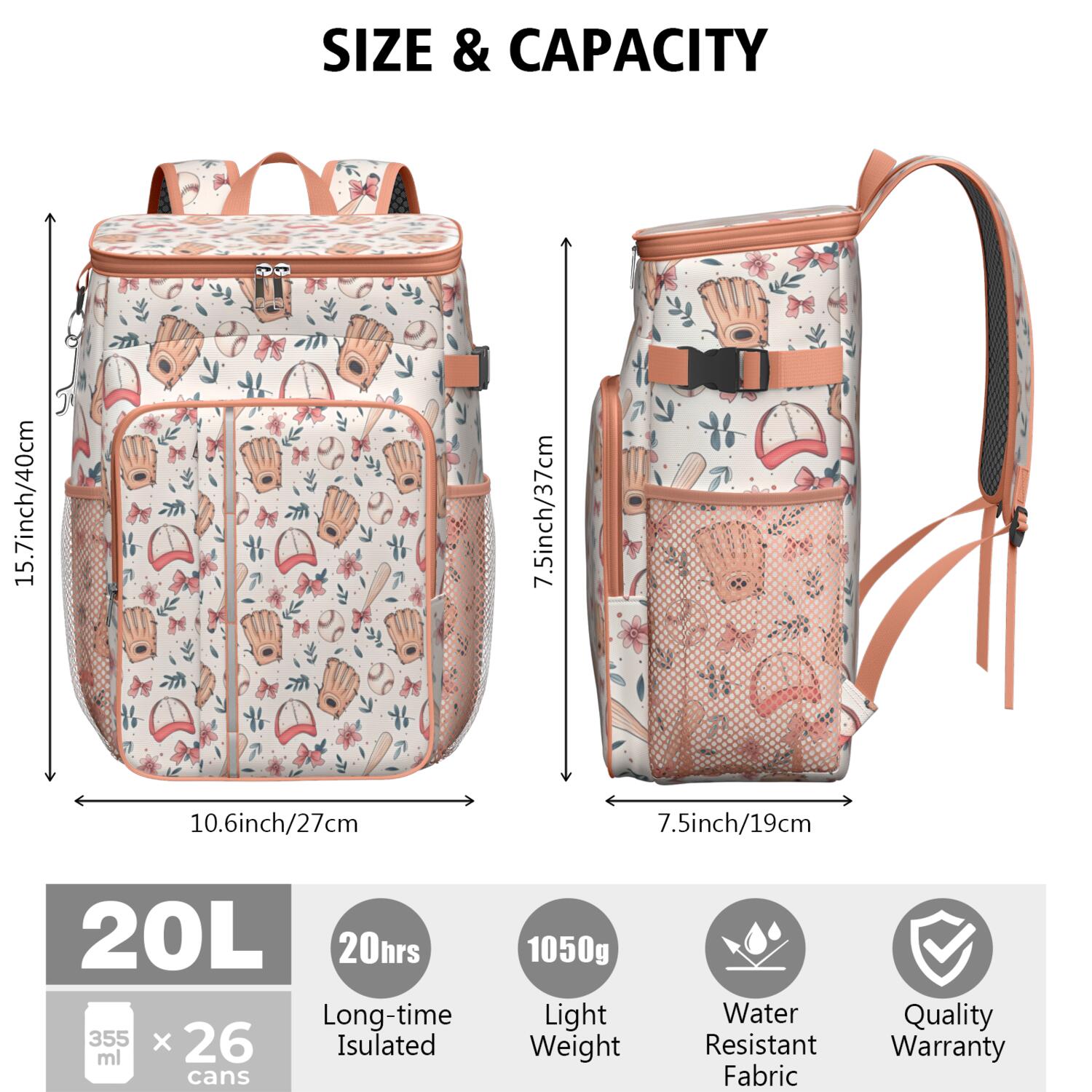Travel Cooler Bag - Pink and Blue Baseball Items Pattern Camping Beer Cooler Backpack with Bottle Opener- Waterproof Insulated Picnic Backpacks - Cooler Bag for Beach