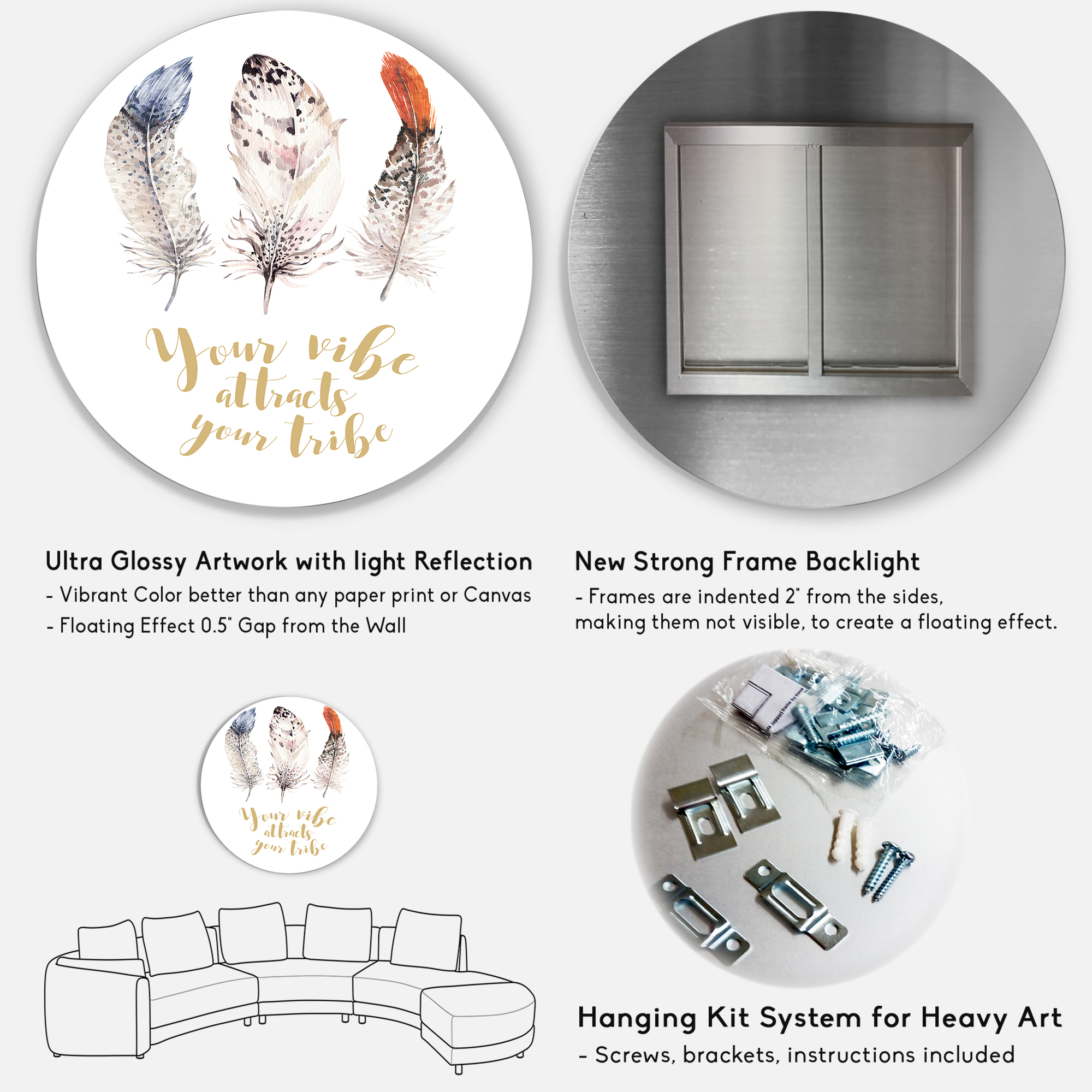Designart 'Your Vibe Attracts Your Tribe Ethnic Feathers II' Bohemian & Eclectic Circle Metal Wall Art 29x29 - Disc of 29