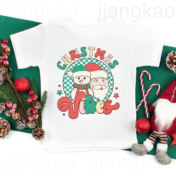 Camiseta con estampado de muñecos de nieve y Papá Noel con vibraciones navideñas para niños y niñas, camisetas de manga corta, camisetas gráficas para niños, camisetas festivas, regalo