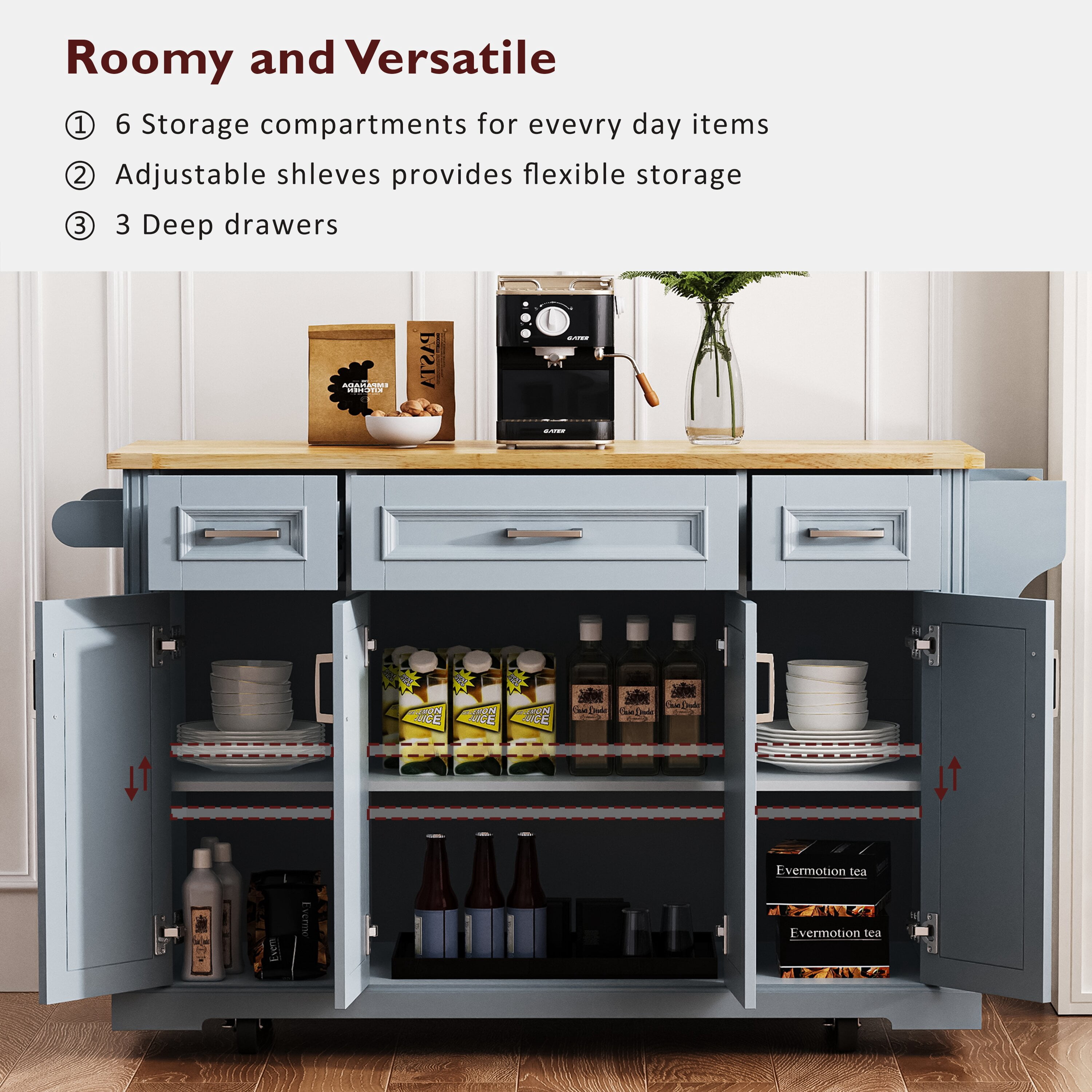 Yoneston 54" Large Kitchen Island with Drop Leaf, Rolling Kitchen Cart with Towel Rack Spice Rack and 4 Doors and 3 Drawers for Kitchen, Dining Room, Blue